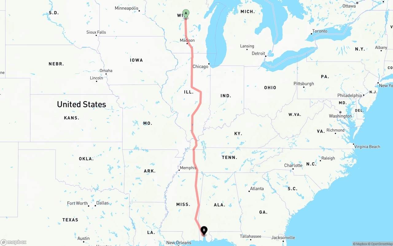 Shipping route from Wisconsin to Port of Mobile
