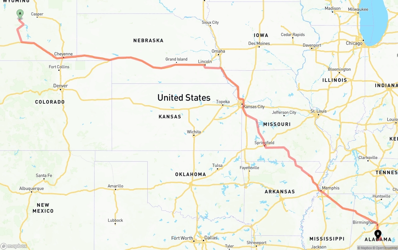 Shipping route from Wyoming to Alabama