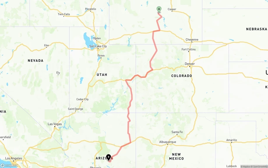 Wyoming to Arizona freight shipping route map