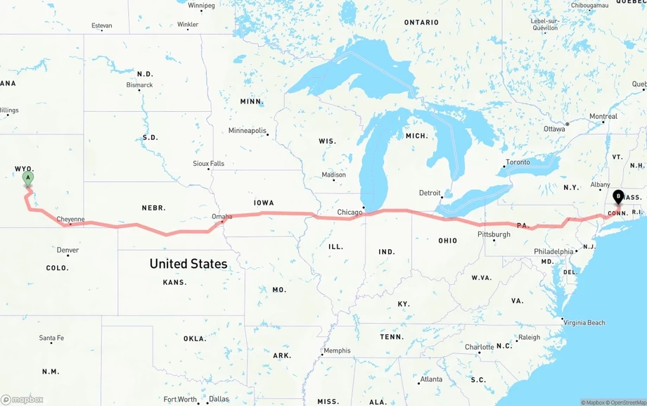 Wyoming to Bradley International Airport freight shipping route map