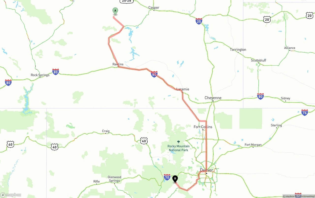 Shipping route from Wyoming to Colorado