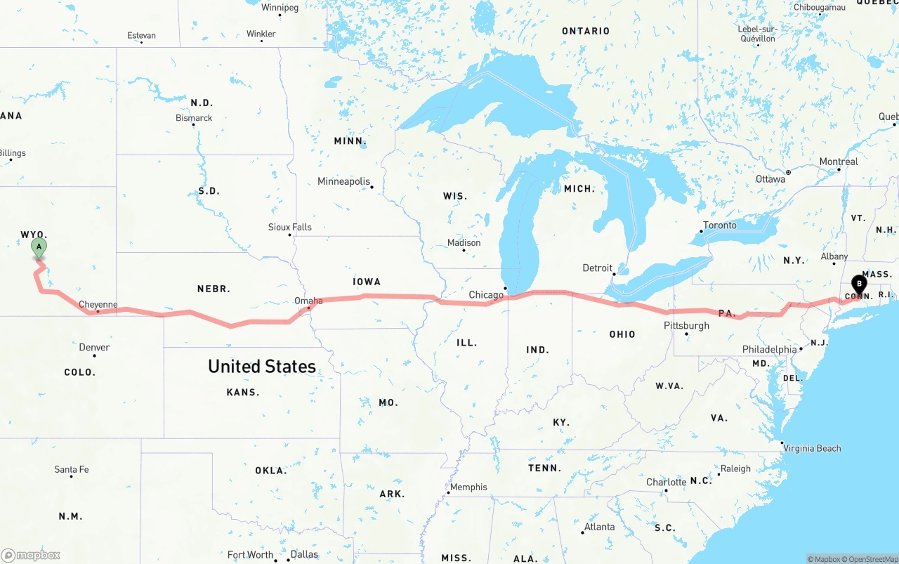 Shipping route from Wyoming to Connecticut