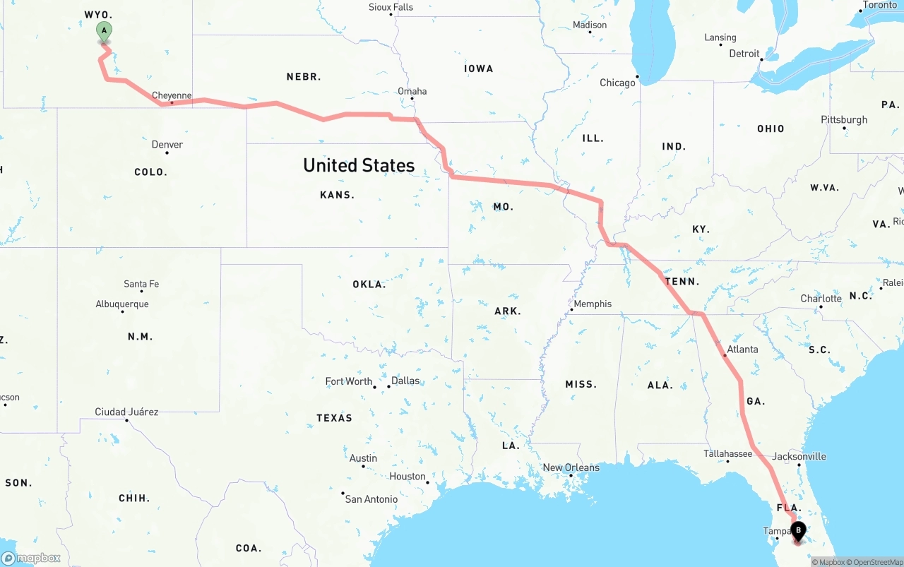 Shipping route from Wyoming to Florida