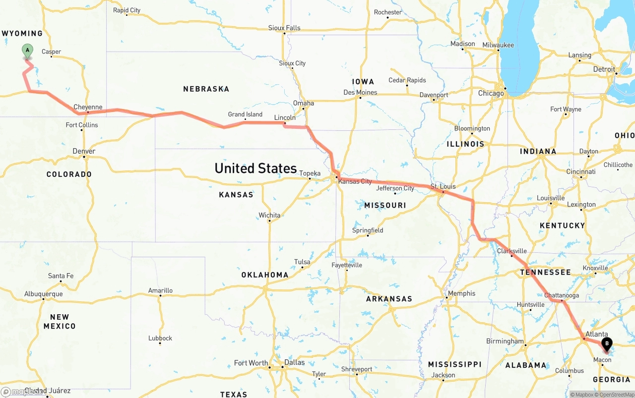 Shipping route from Wyoming to Georgia