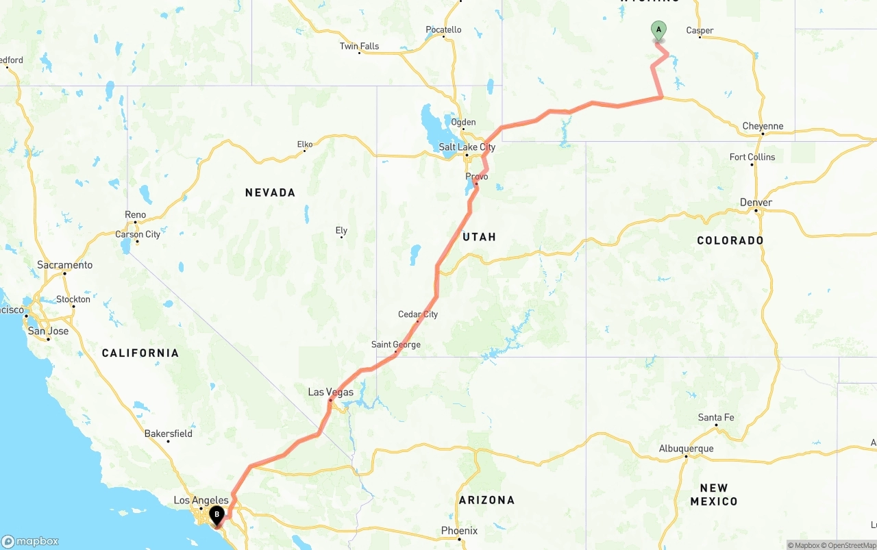 Shipping route from Wyoming to John Wayne Airport — Orange County