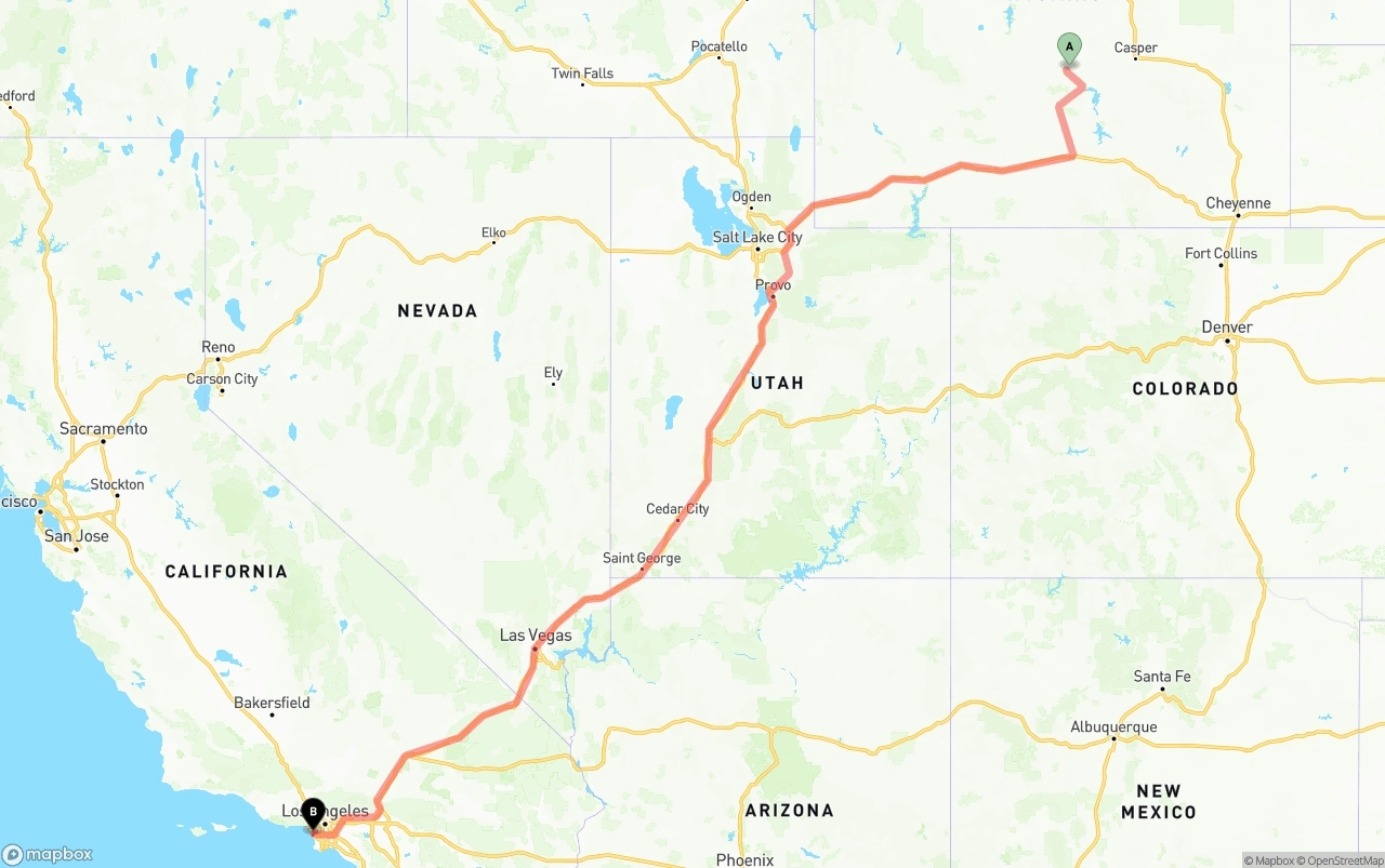 Shipping route from Wyoming to Los Angeles International Airport