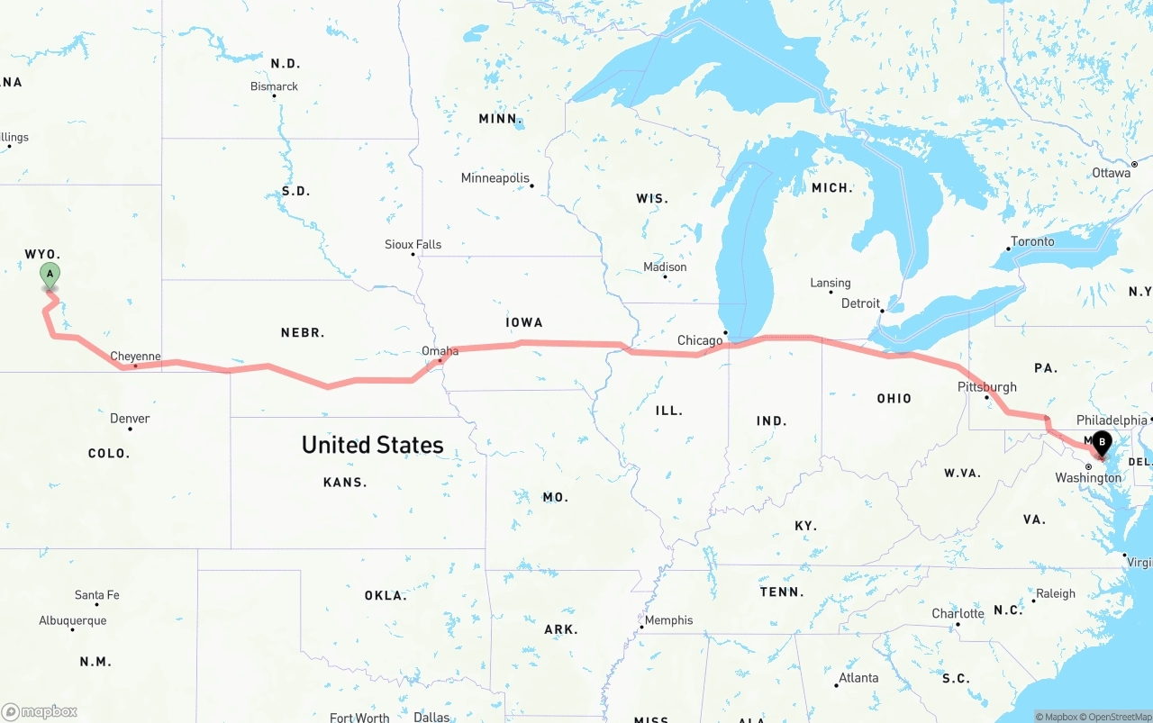 Shipping route from Wyoming to Maryland