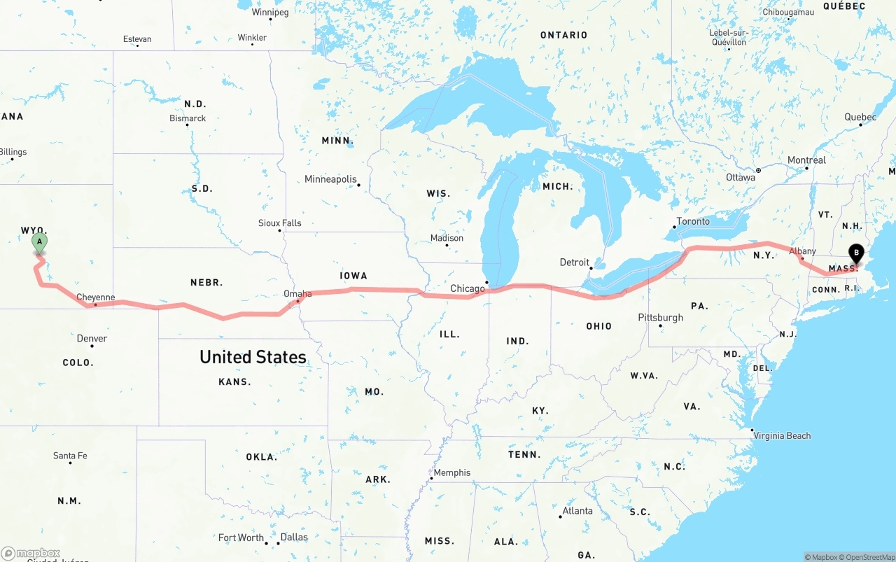 Shipping route from Wyoming to Massachusetts