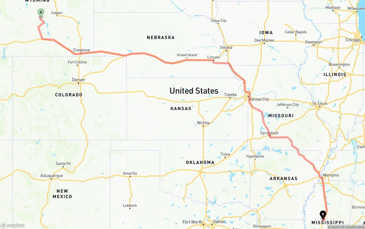 Shipping route from Wyoming to Mississippi