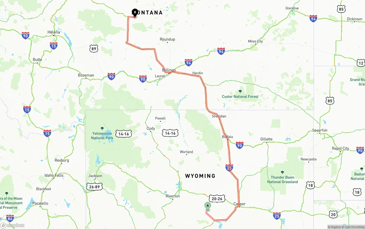 Shipping route from Wyoming to Montana