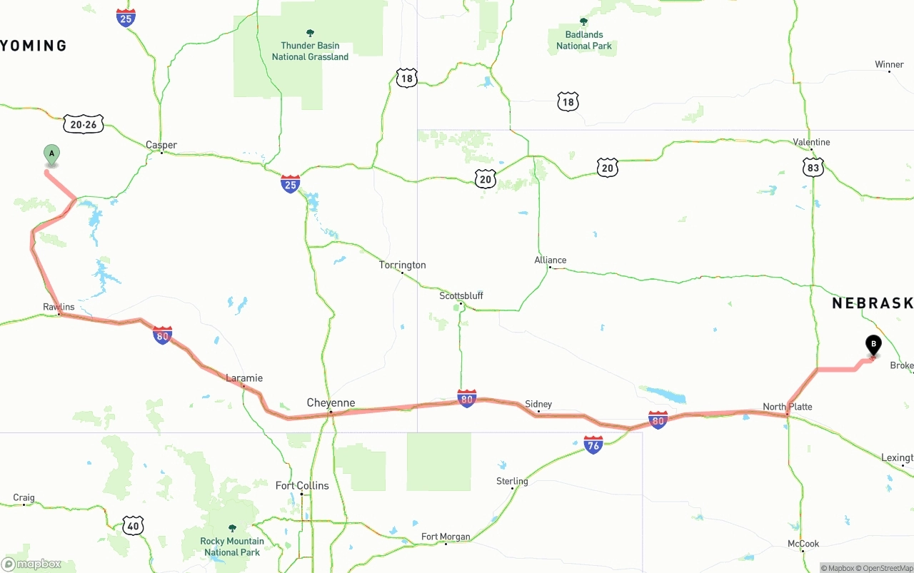 Shipping route from Wyoming to Nebraska