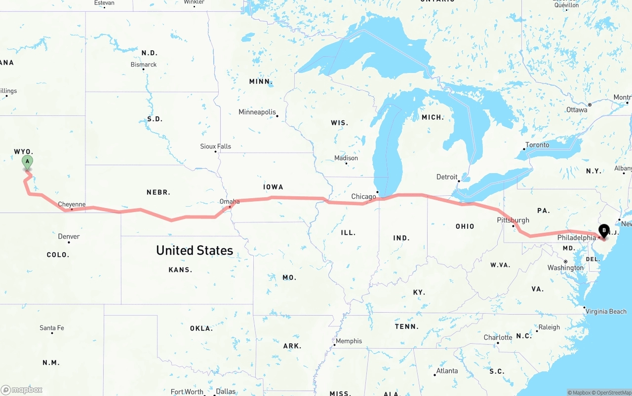 Shipping route from Wyoming to New Jersey