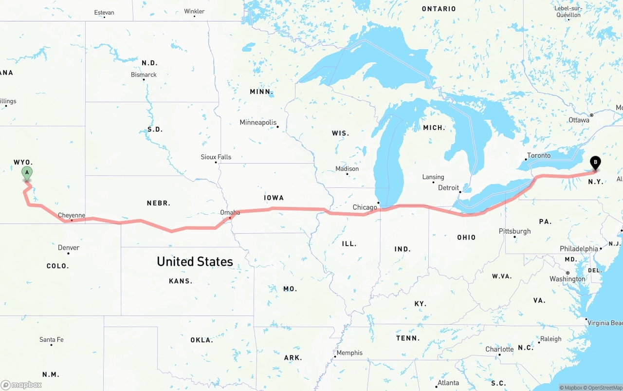 Shipping route from Wyoming to New York