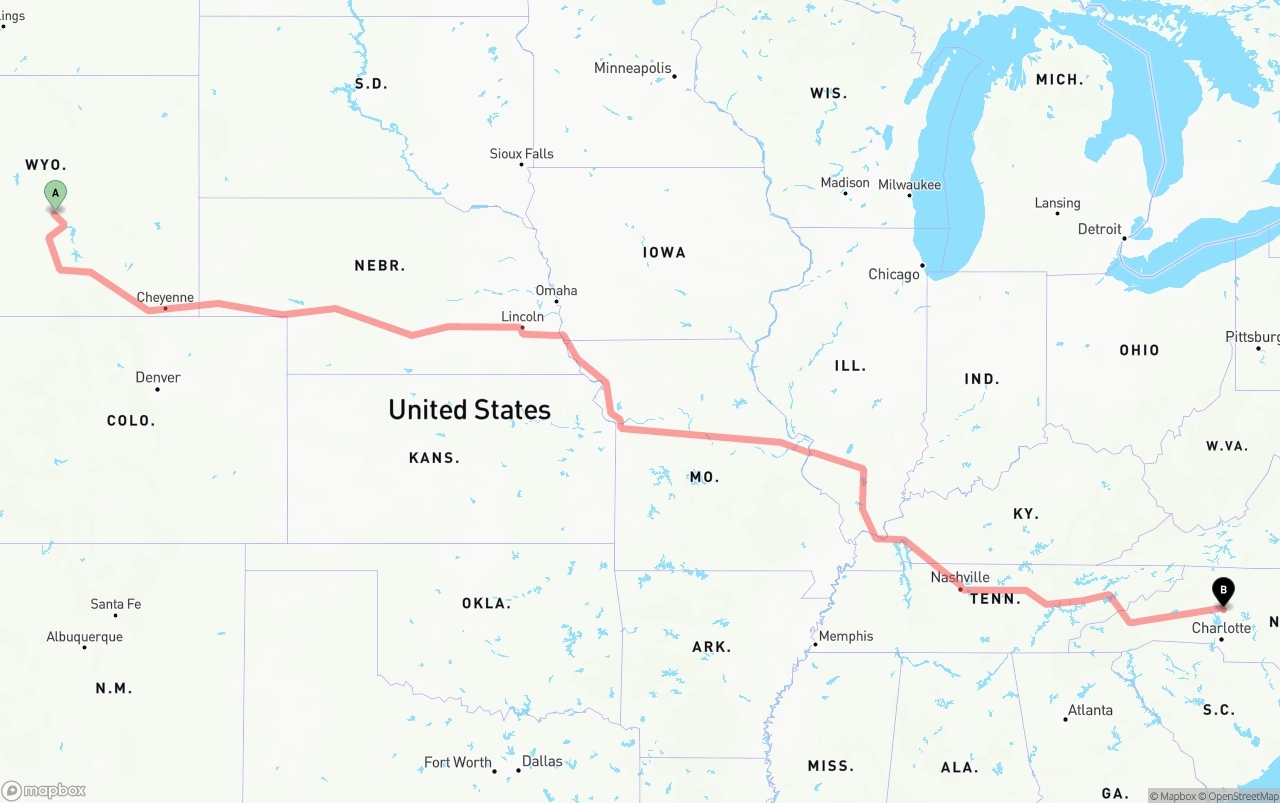 Shipping route from Wyoming to North Carolina