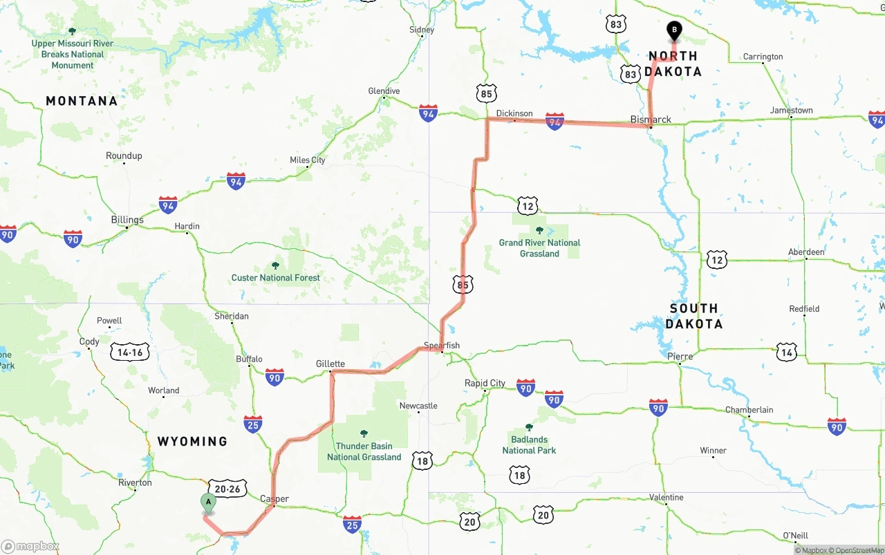 Shipping route from Wyoming to North Dakota
