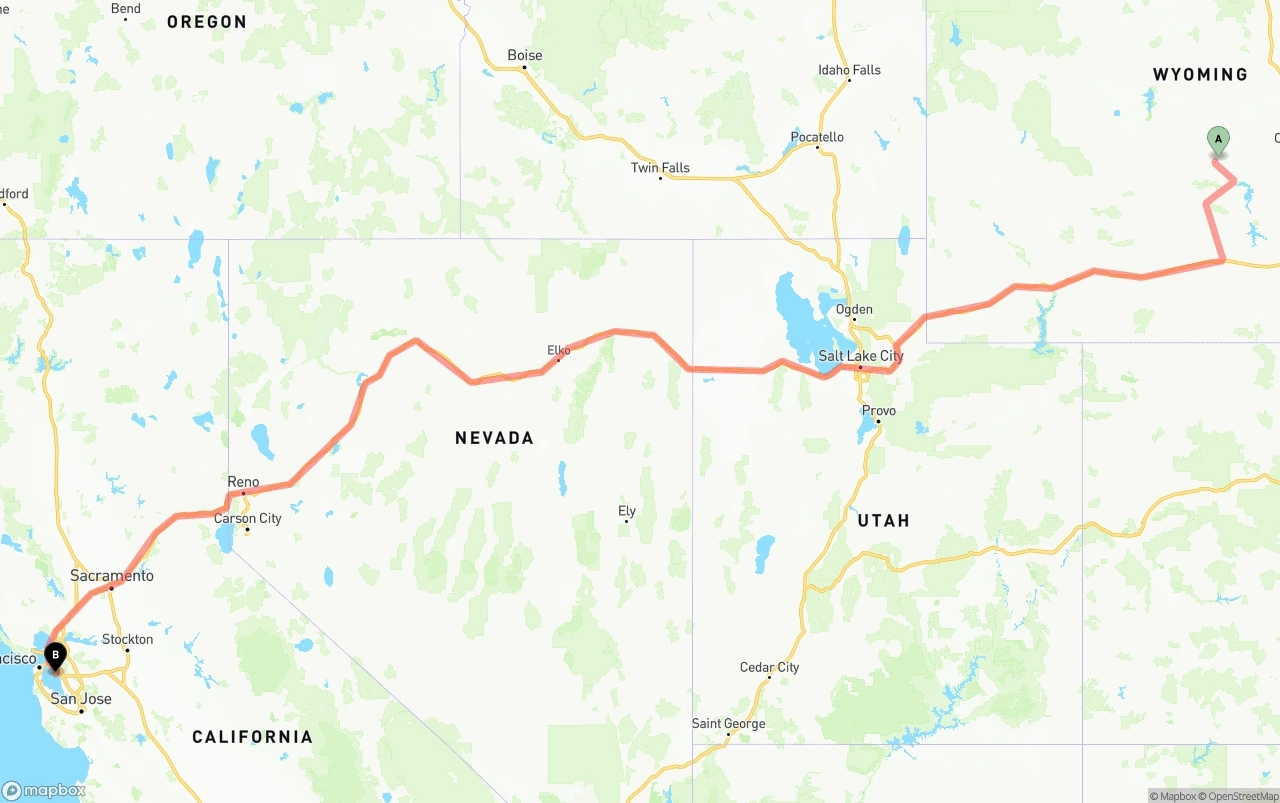 Shipping route from Wyoming to Oakland International Airport