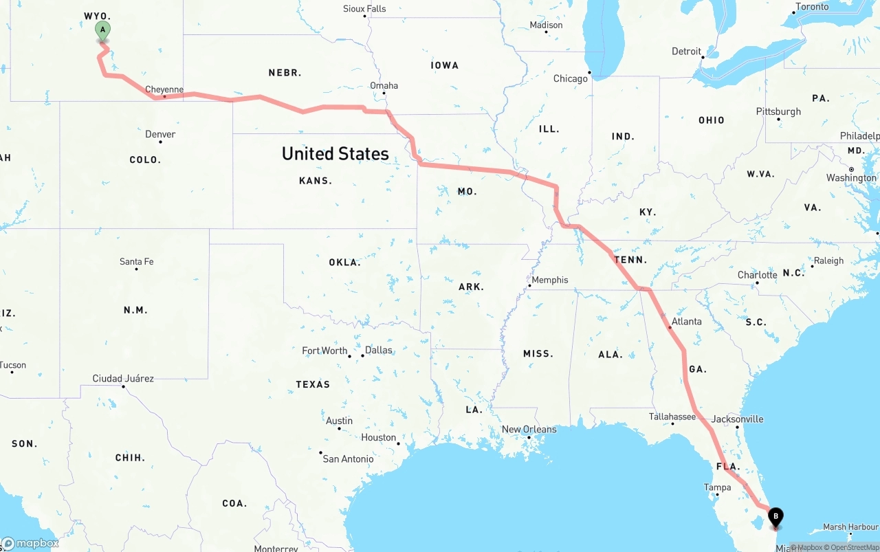 Shipping route from Wyoming to Palm Beach International Airport