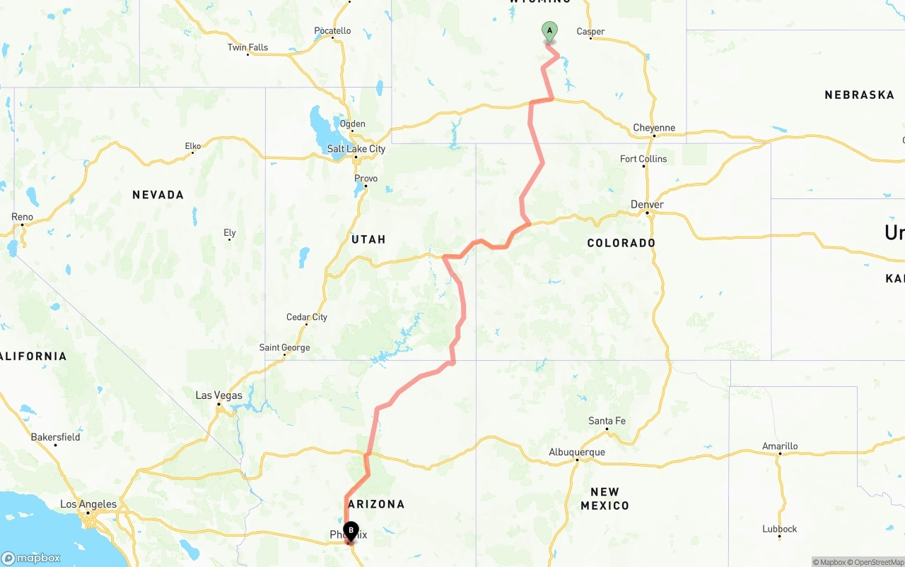Shipping route from Wyoming to Phoenix Sky Harbor International Airport