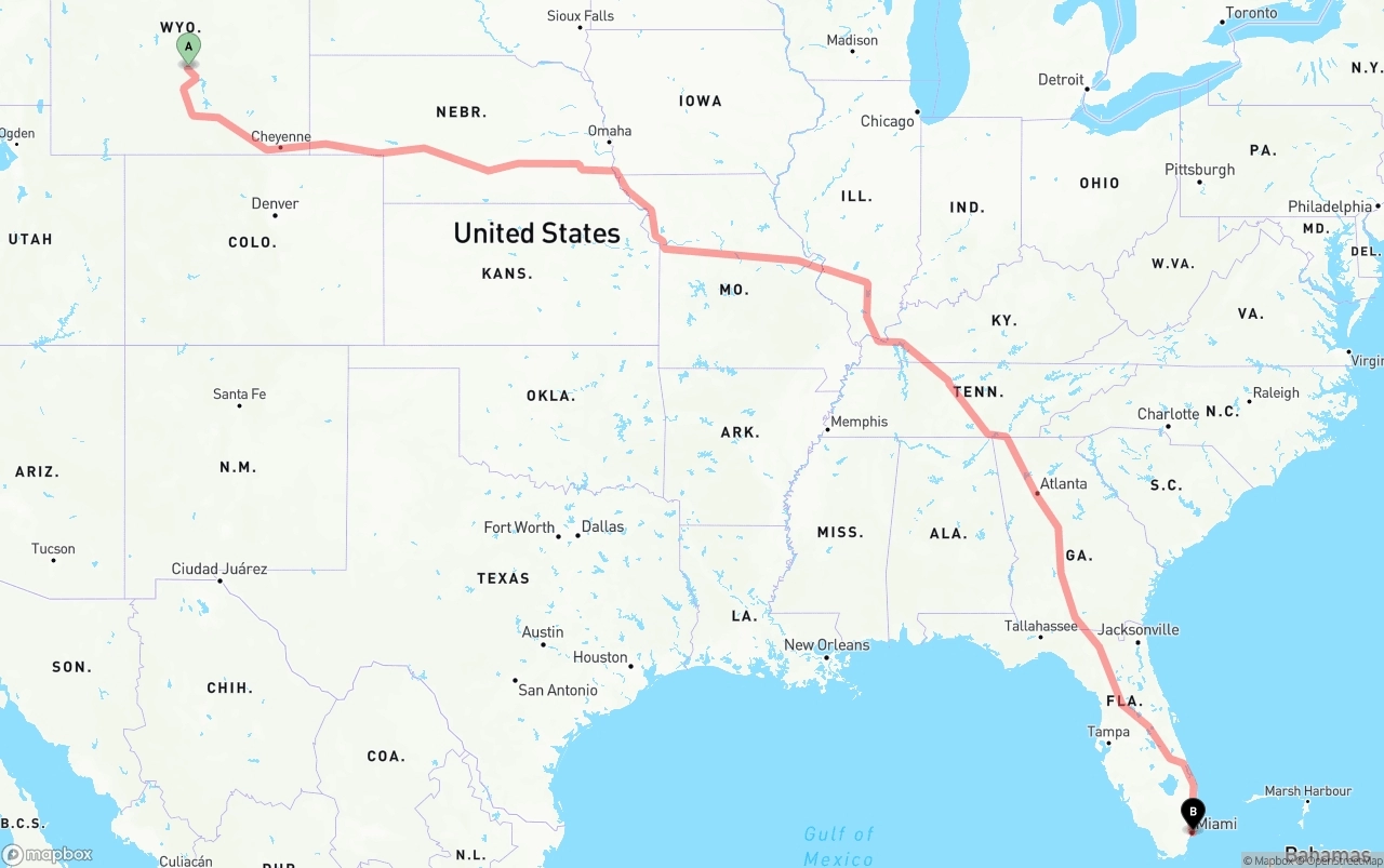 Shipping route from Wyoming to Port of Miami