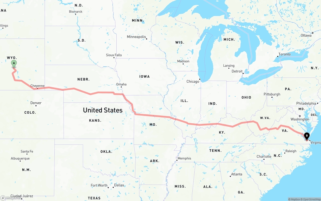 Shipping route from Wyoming to Port of Norfolk