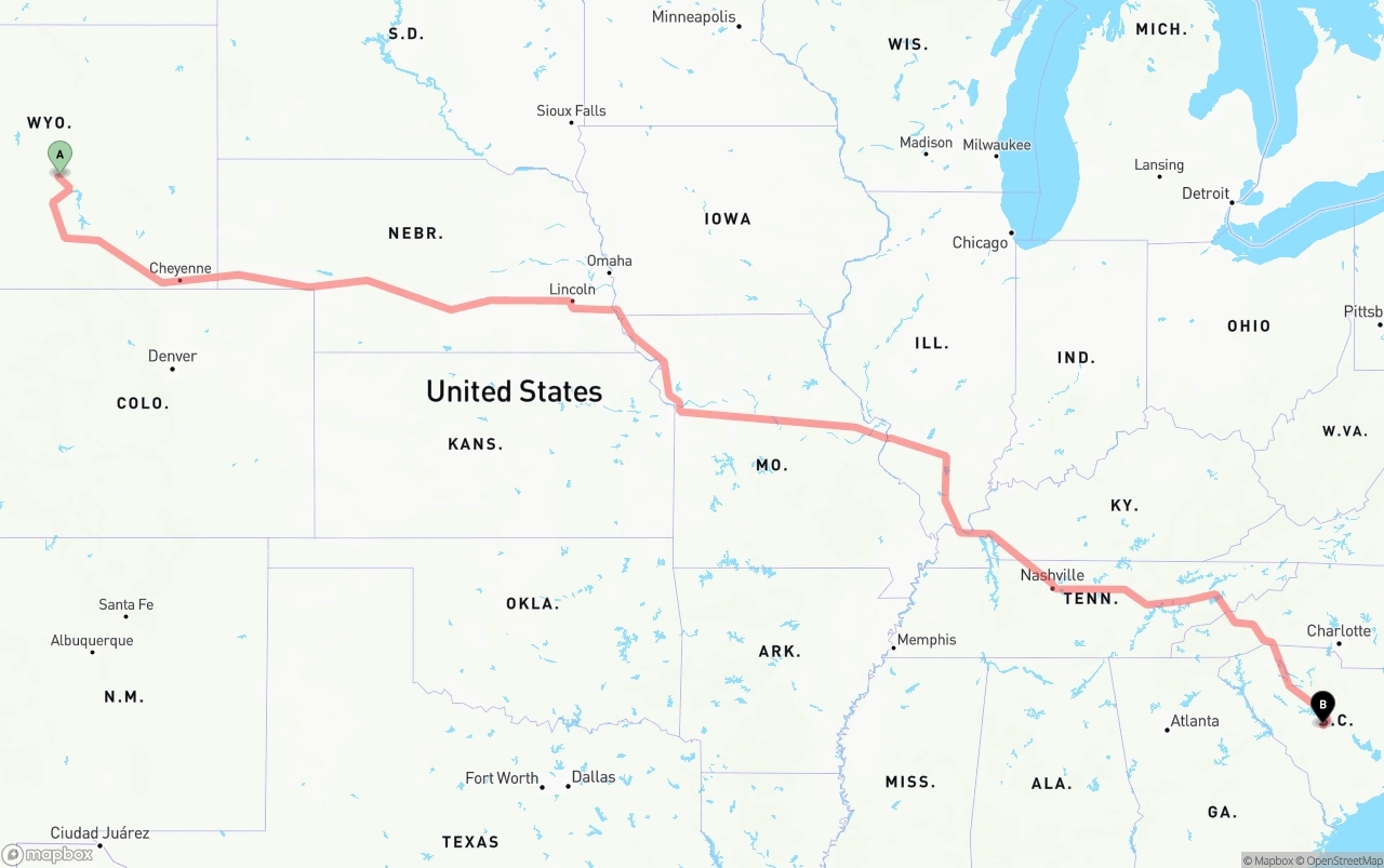 Shipping route from Wyoming to South Carolina