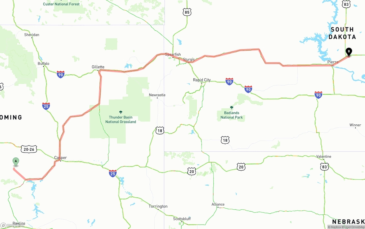 Shipping route from Wyoming to South Dakota
