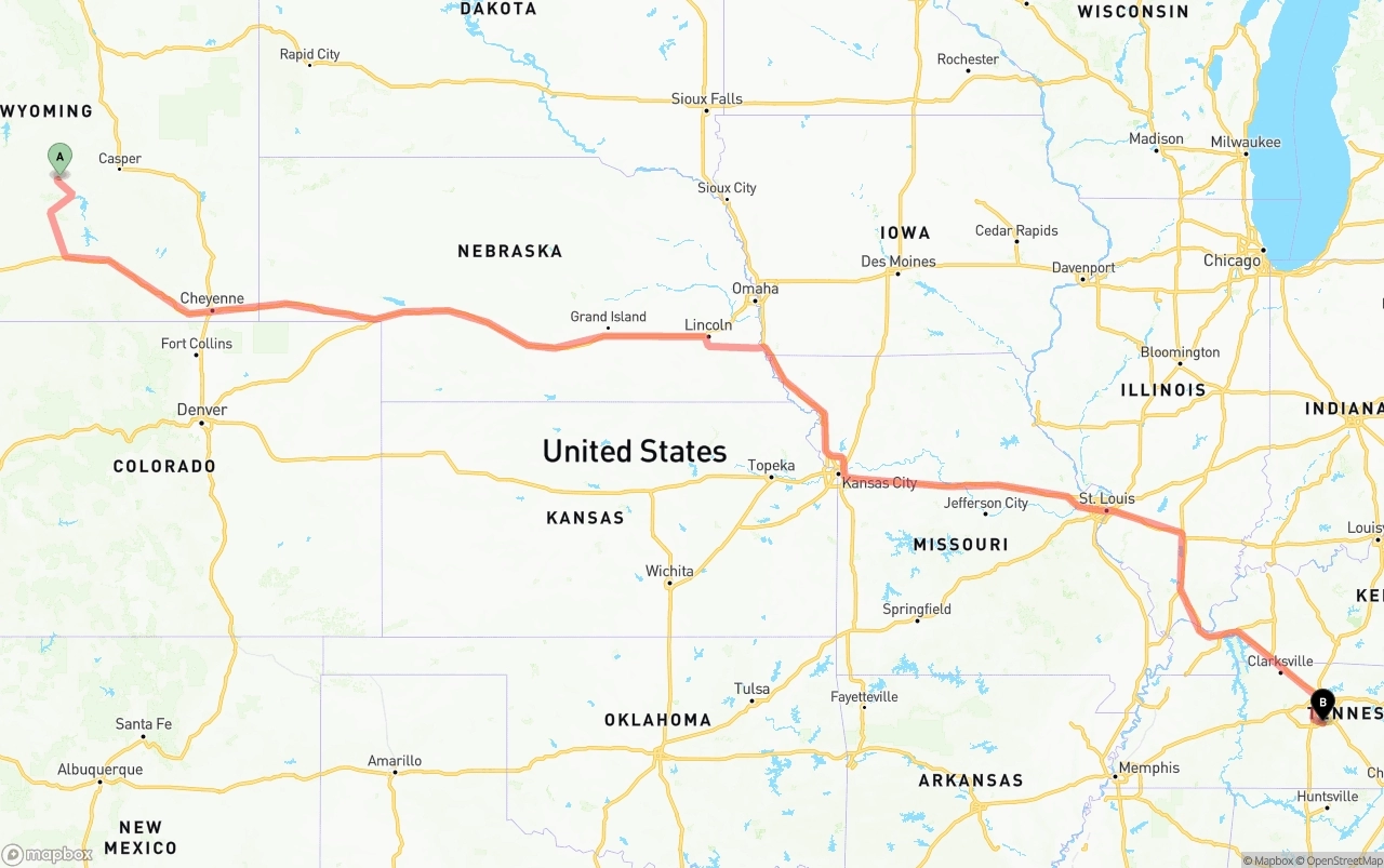 Shipping route from Wyoming to Tennessee
