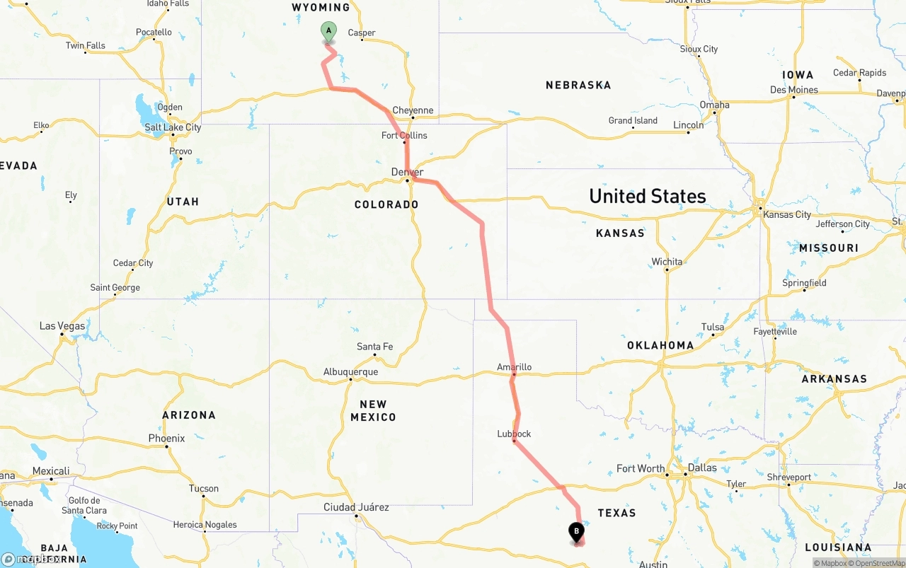 Shipping route from Wyoming to Texas