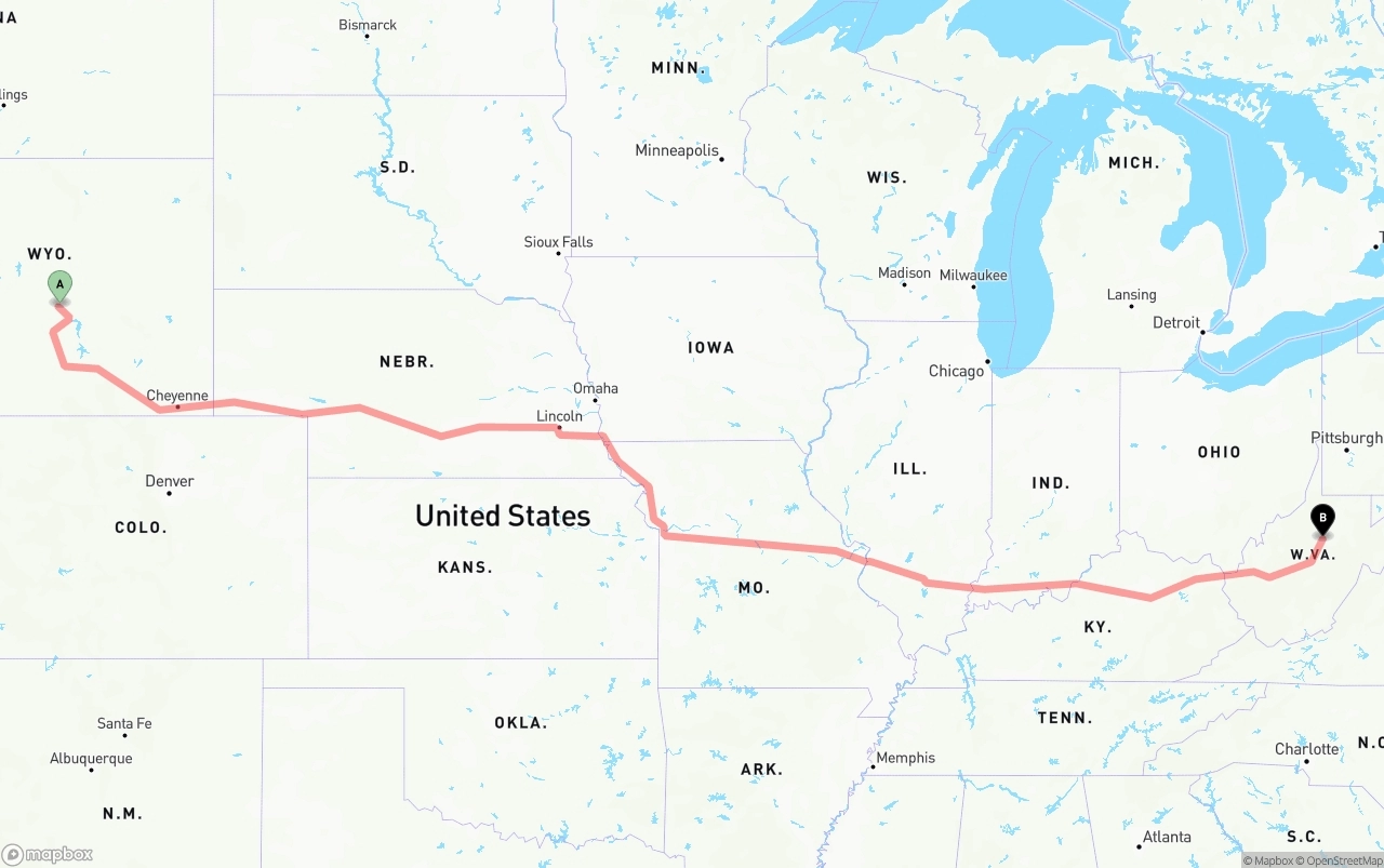 Shipping route from Wyoming to West Virginia